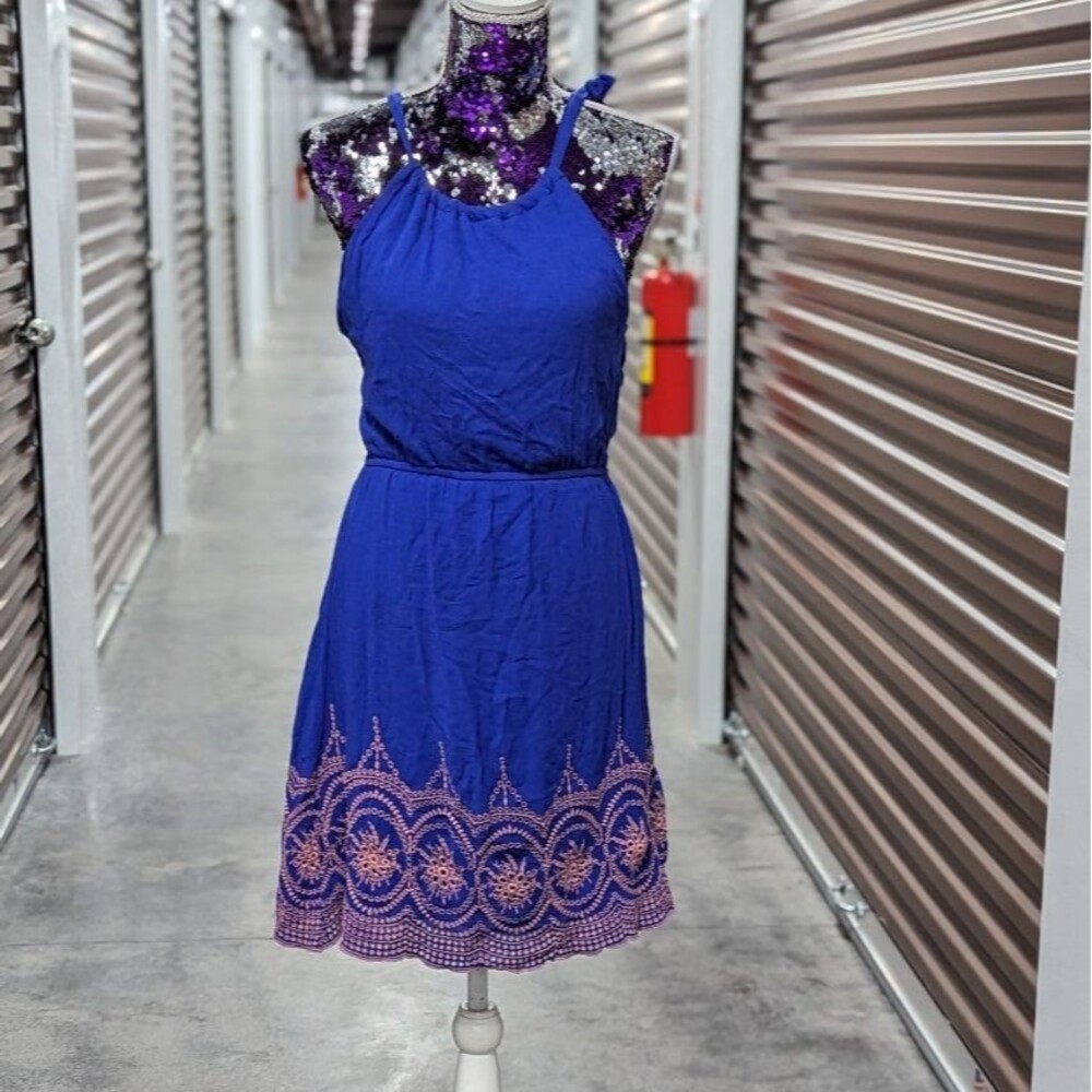 Blue Boho Embroidered Sun Dress Cottagecore Festival Summer Chic - PaperMoon M